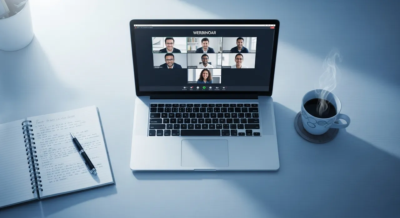 Overhead view of laptop showing video webinar with participants